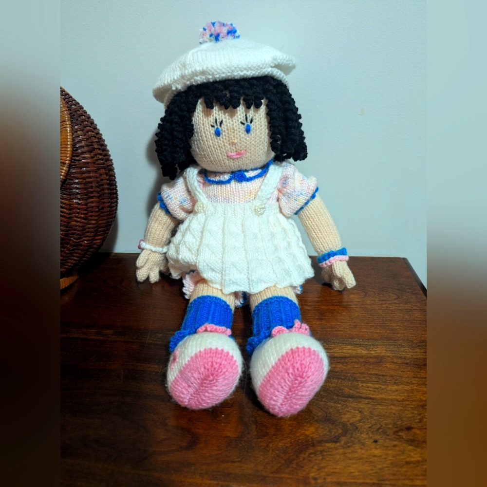 Handmade Knitted Doll with Pink and Blue Outfit. Detailed. Wearing A Jumper. EUC